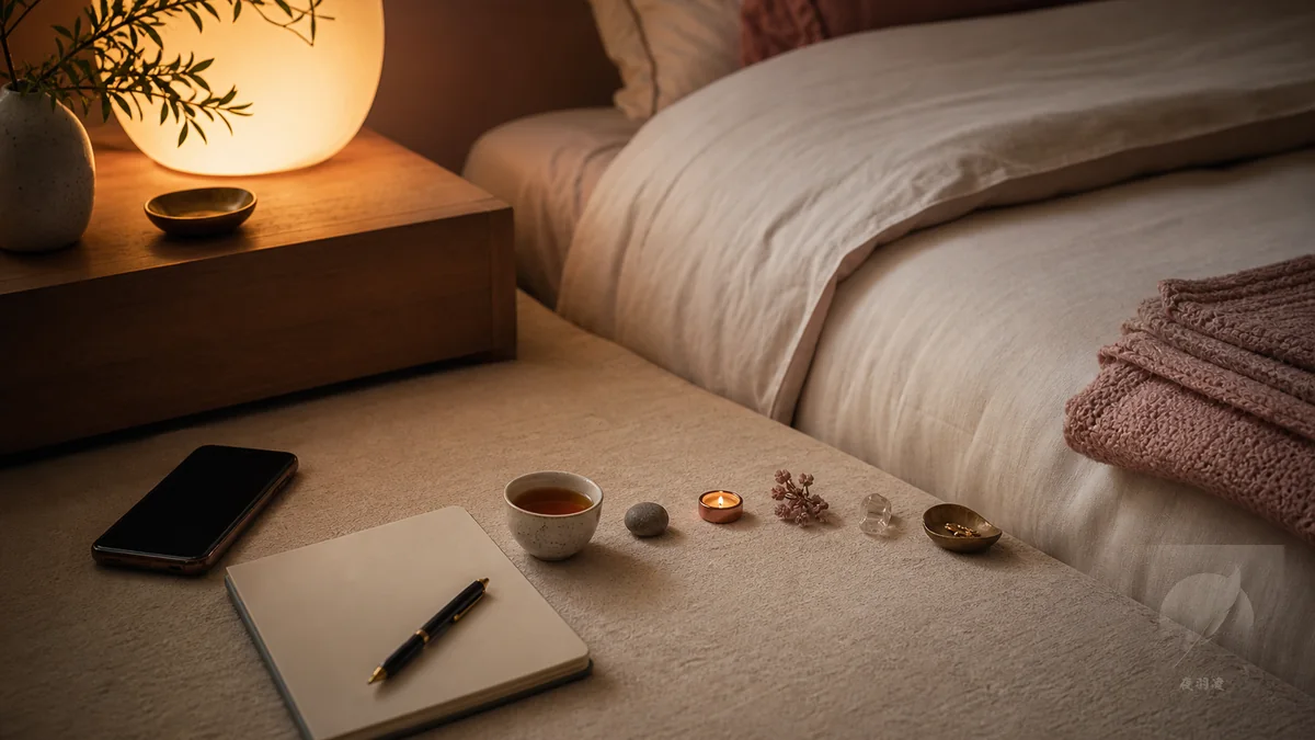 柔光床邊擺著關起的手機、筆記本與茶杯，象徵成人睡前儀式感的收尾步驟