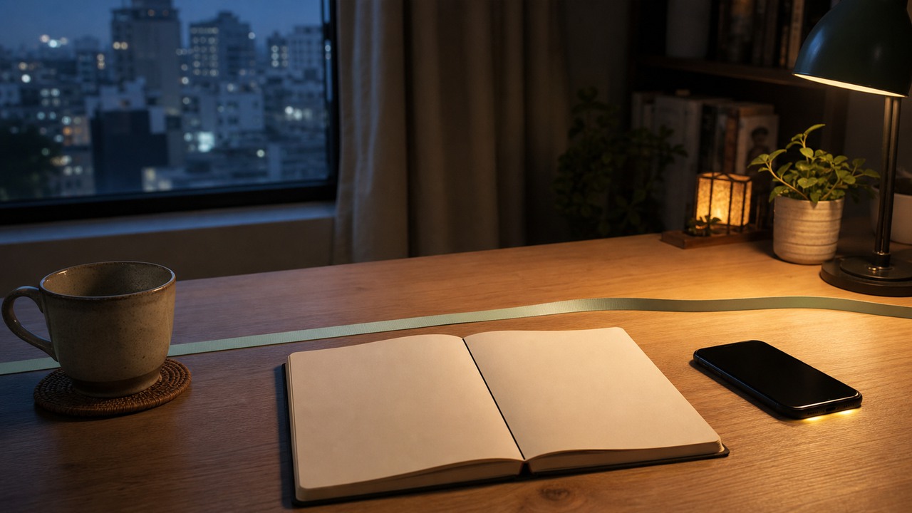 深夜書桌上的分欄筆記與手機，象徵情緒勒索中的界線練習