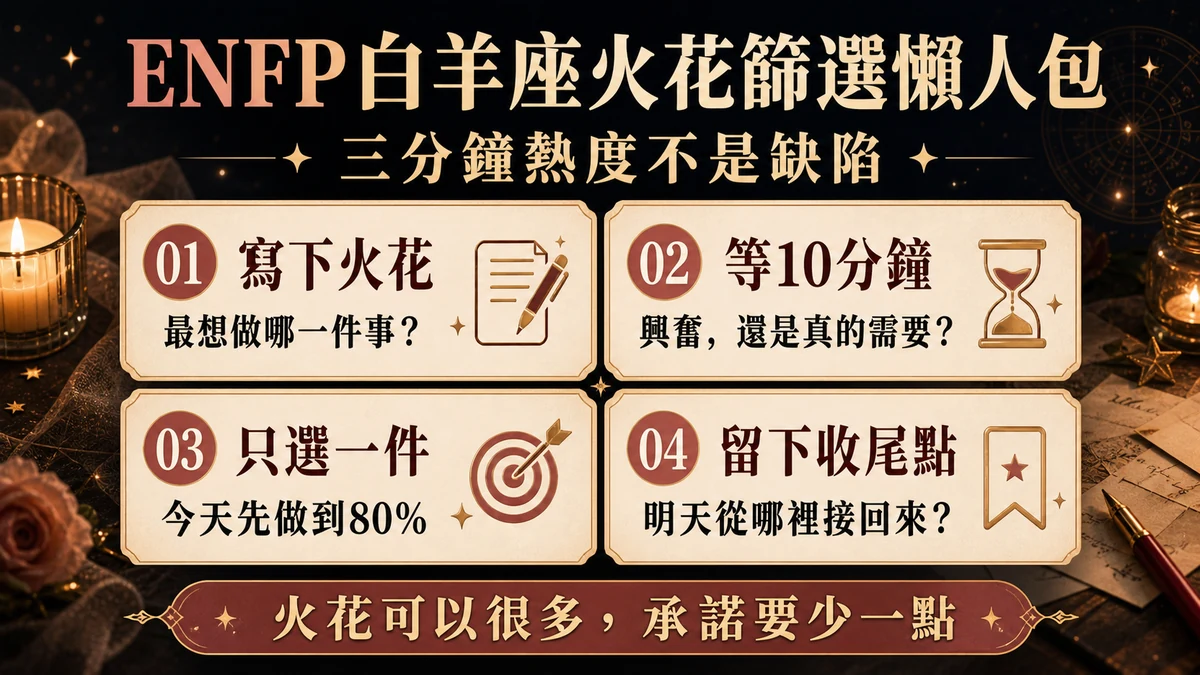 ENFP 白羊座三分鐘熱度怎麼辦的火花篩選步驟，寫下火花、等10分鐘、只選一件事與留下收尾點