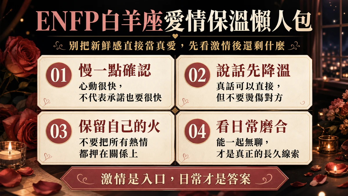 ENFP 白羊座愛情保溫重點，慢一點確認、說話先降溫、保留自己的火與看懂日常磨合