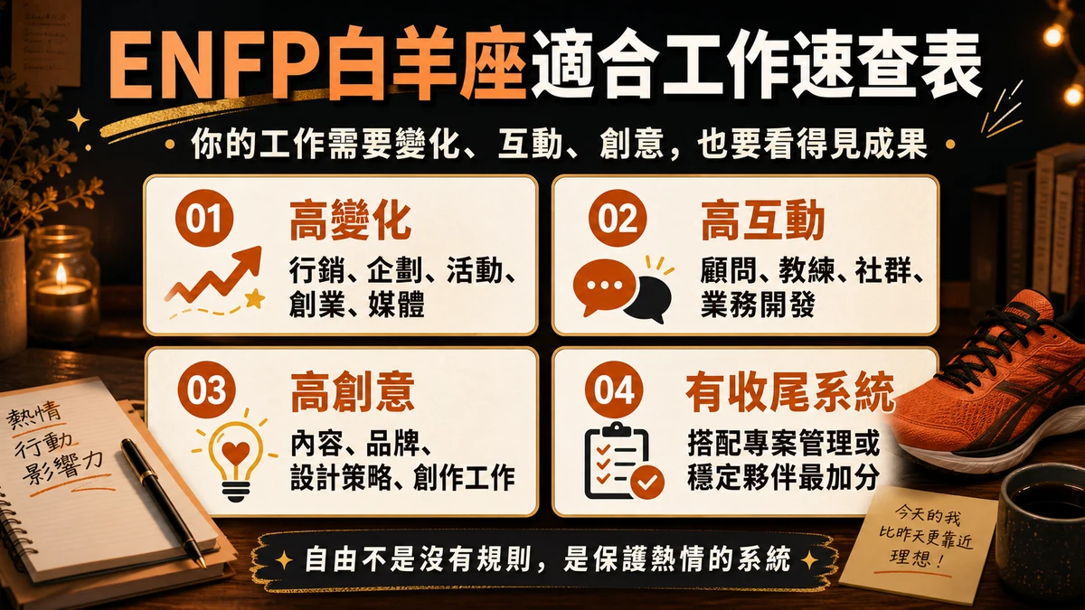 ENFP 白羊座適合的工作方向，高變化、高互動、高創意與有收尾系統四種職涯路線