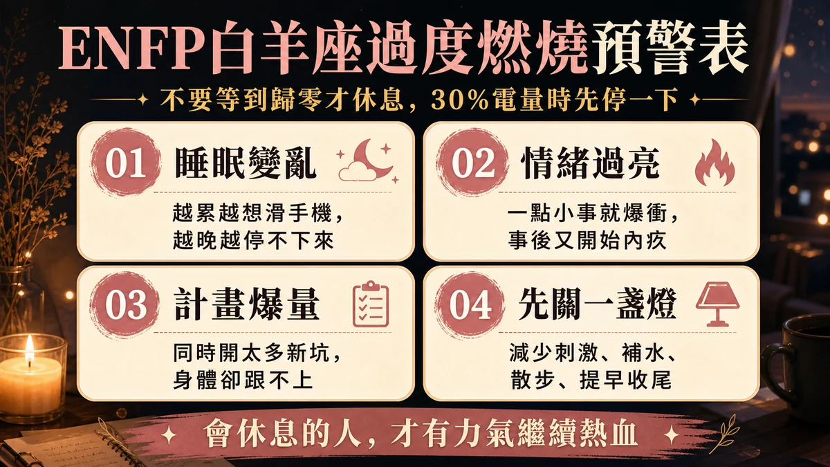 ENFP 白羊座壓力管理重點，睡眠變亂、情緒過亮、計畫爆量與先關一盞燈的過度燃燒訊號