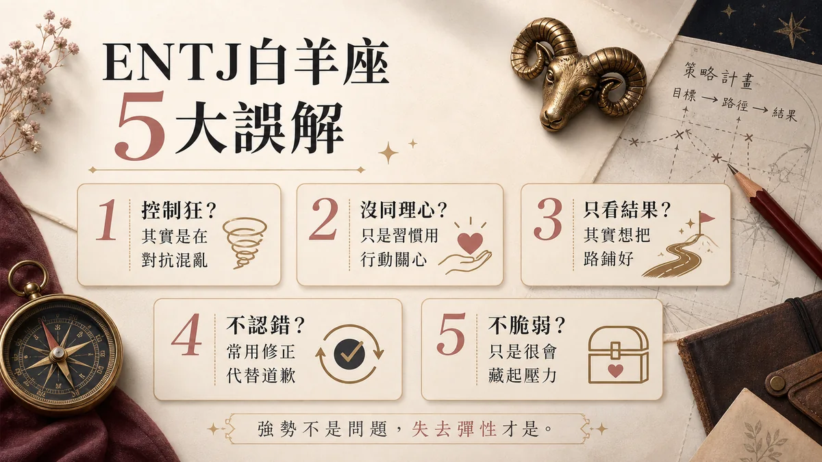 ENTJ白羊座5大誤解懶人包：控制狂、沒同理心、只看結果、不認錯與不脆弱的真相對照