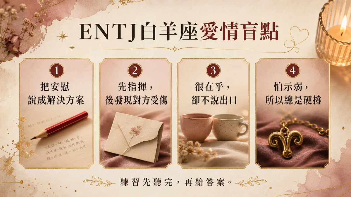 ENTJ白羊座愛情盲點懶人包：把安慰說成解決方案、急著指揮、很在乎卻不說與怕示弱