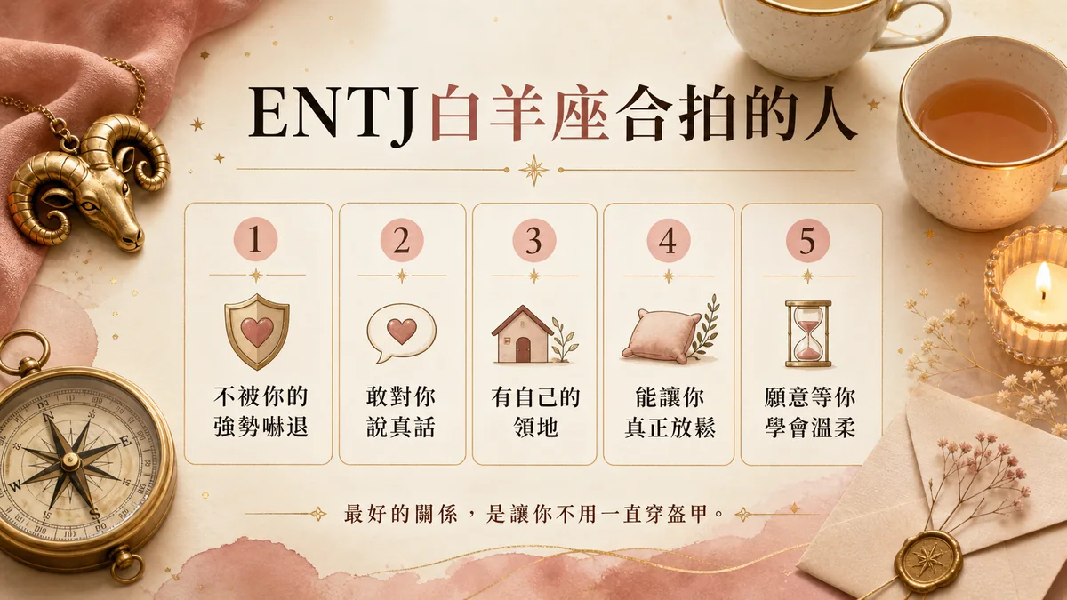 ENTJ白羊座合拍對象懶人包：不被強勢嚇退、敢說真話、有自己領地、能放鬆與願意等你溫柔