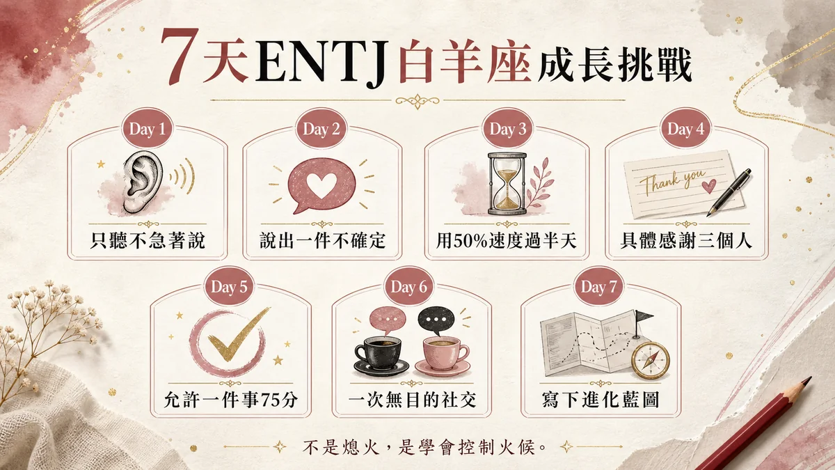 7天ENTJ白羊座成長挑戰懶人包：只聽不急著說、說出不確定、放慢速度、感謝與寫下進化藍圖