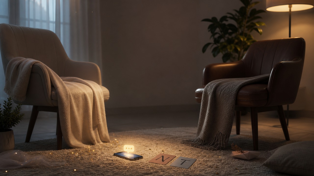 MBTI 愛情配對主題封面，兩張椅子、手機訊息與性格卡片象徵關係差異