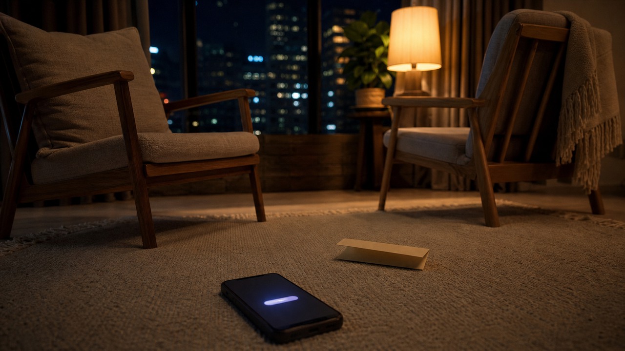 夜晚房間裡兩張分開的椅子、手機微光與折起的紙條，象徵非暴力溝通前的安靜停頓